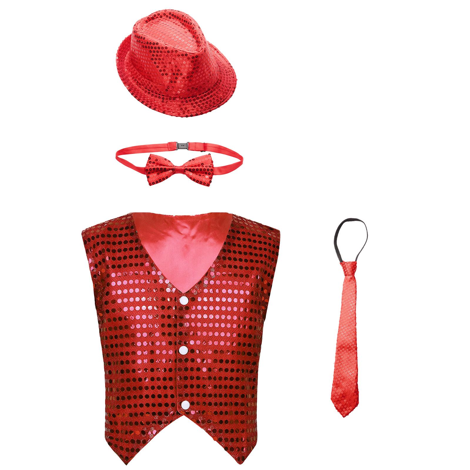 

Жилет для джазовых танцев для мальчиков, блестящий жилет с пайетками, шляпа, галстук-бабочка, комплект для выступлений на сцене, одежда для вечеринок 7-8 Years красный