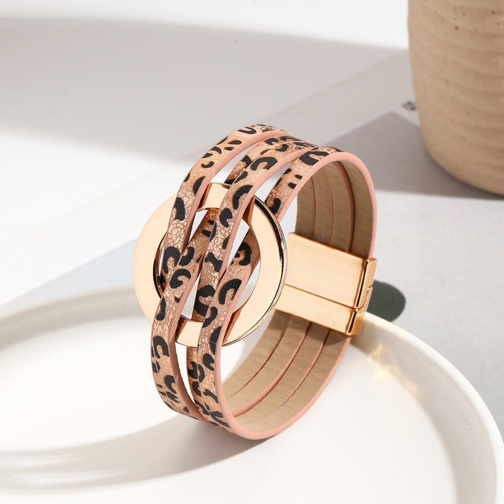 Wide Wrap Leopard Print Leather Bracelets Magnetic Snap Circle Cross Bracelet  for Women