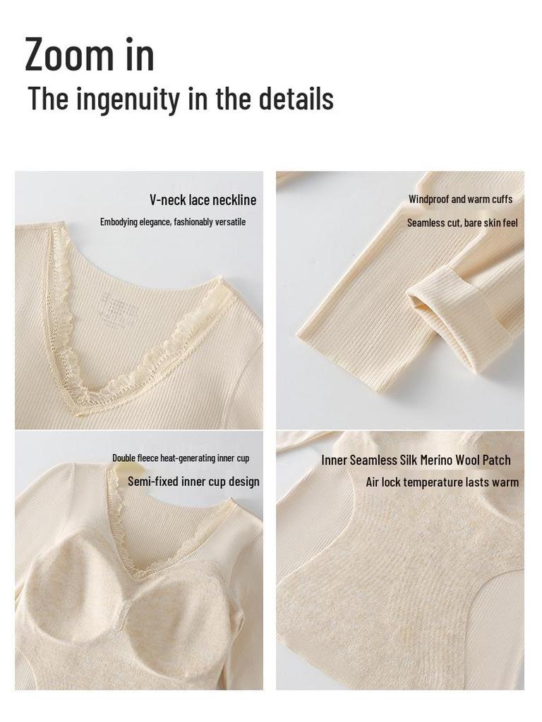 Women's Cashmere Silk Lace Seamless Thermal Set with Chest Pads: Slimming Base Layer for Autumn/Winter