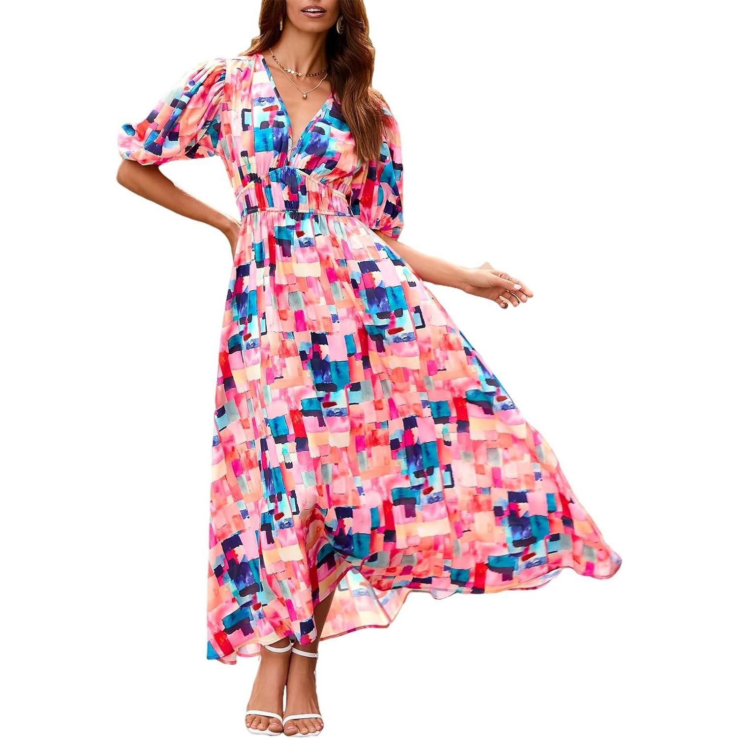 

GMXIA Women s Boho Floral Midlength Dress Pleated Beach Floaty Dress XL