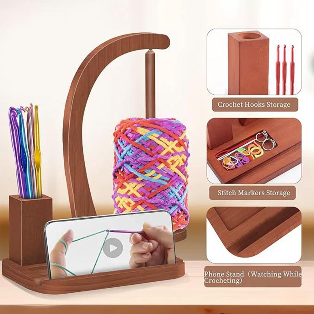 Yarn Holder Wooden Yarn Turntable With Crochet Accessories Storage And Phone Holder Yarn Ball Holder for Knitting Lover Z9L6
