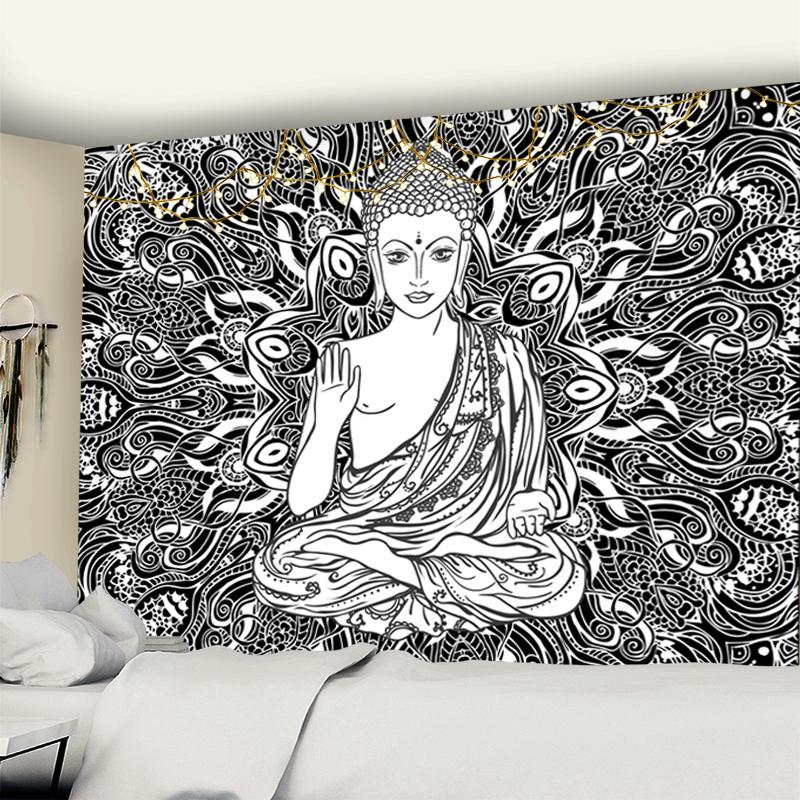 

Гобелен с индийским богом Ганешей, индийская черно-белая статуя Будды, храмовый декор, гобелен, настенное одеяло, гобелен, настенный ковер 95x70CM