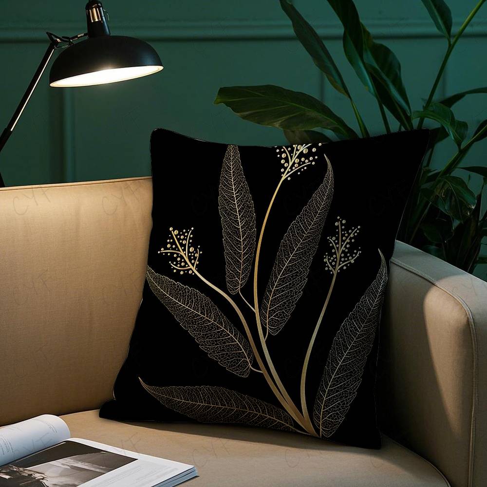 Kissenbezug mit goldenem Blatt- und Zweigmuster Milbendichter Kissenbezug Unsichtbarer Reißverschluss Seidiger Kurzplüsch Sofakissenbezug