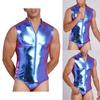 Men Metallic Shiny Bodysuit Clubwear Swimwear Mock Neck Sleeveless Front Zip-up Leotard One Piece Bathing Suit for Rave Party