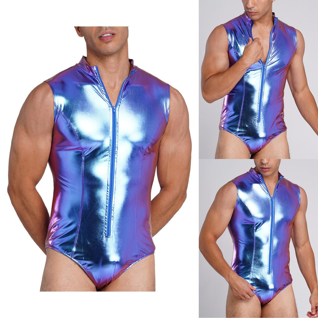 Men Metallic Shiny Bodysuit Clubwear Swimwear Mock Neck Sleeveless Front Zip-up Leotard One Piece Bathing Suit for Rave Party