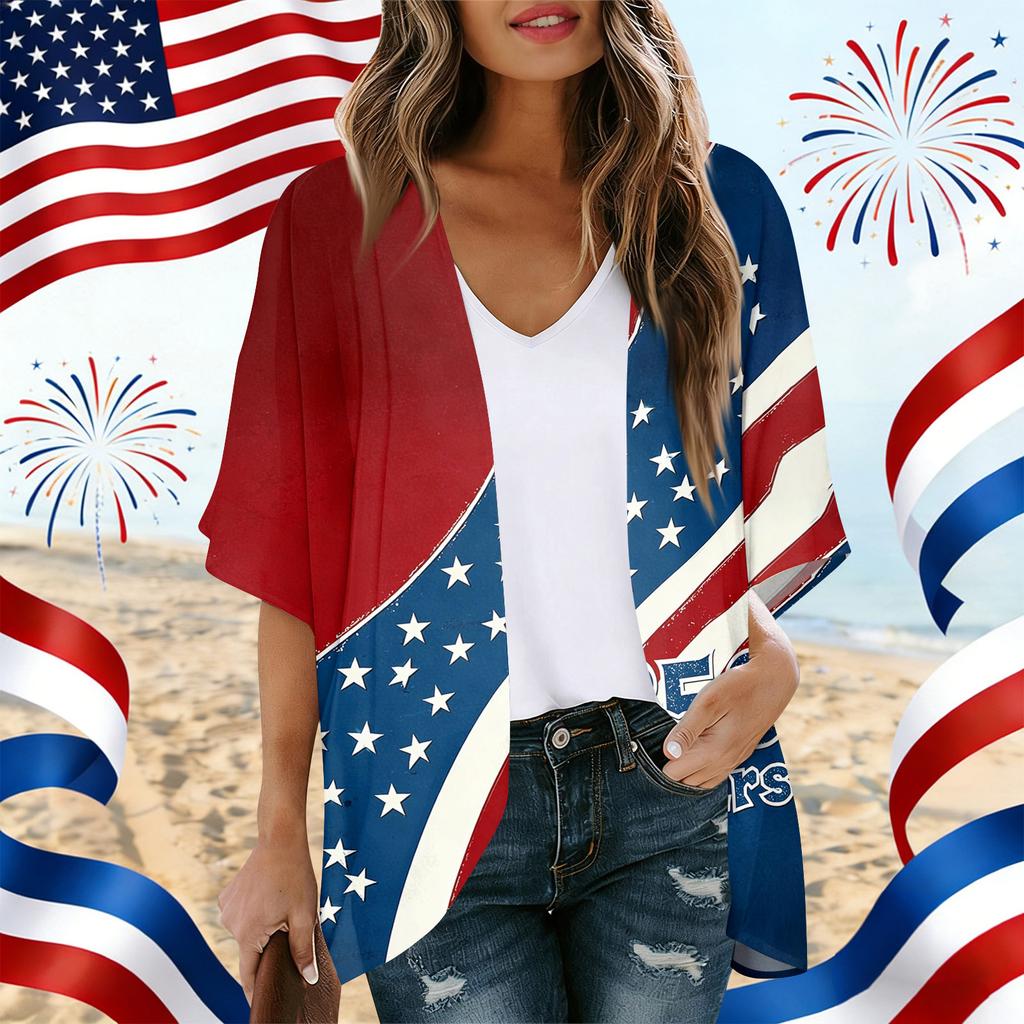 Damen locker geschnittener offener Cardigan mit USA-Unabhängigkeitstag-Print Lässiges Kimono-Stil Hemd Top für die 250-Jahres-Feier