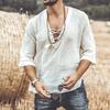 V-Neck Solid Color Men Shirt Lightweight Front Lace Up Half Sleeve T-shirt Male Clothing