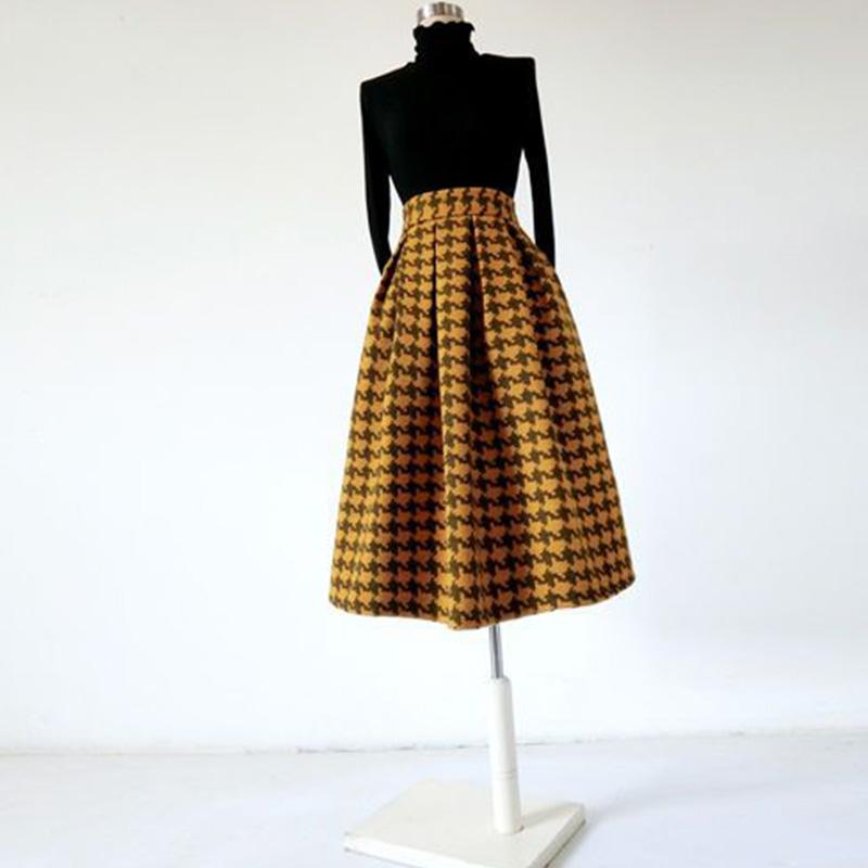 Falda de lana a cuadros para mujer Otoño e Invierno media falda de cintura alta y delgada falda de una línea de pata de gallo