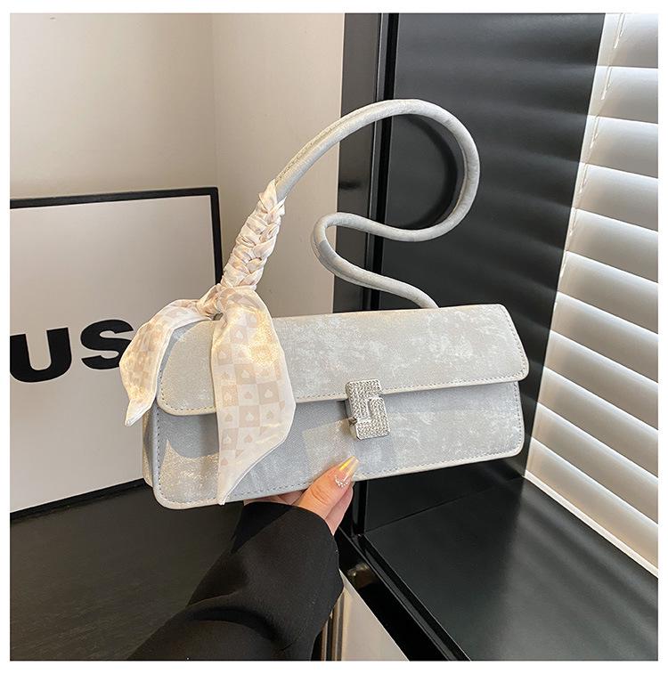 Women's Textured Underarm Baguette Bag with Silk Scarf - Early Spring 2025 Fashion