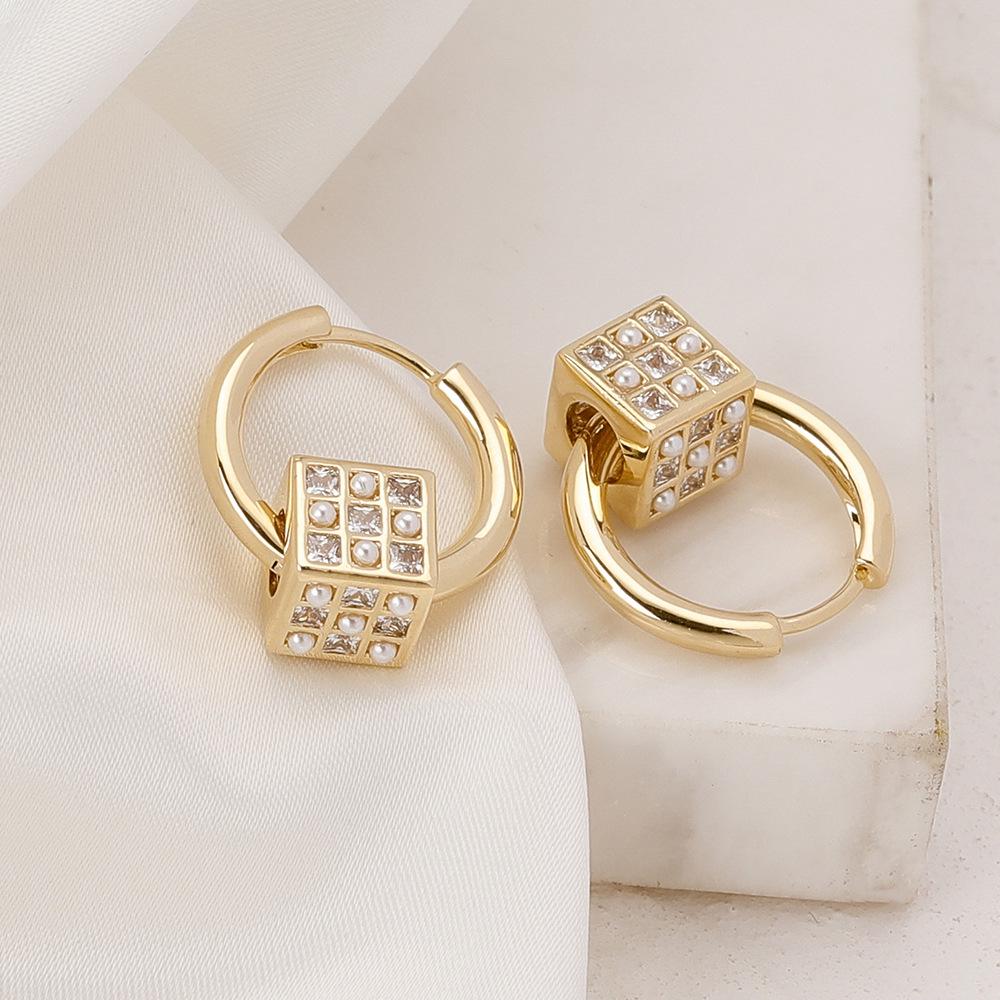Diamond-Studded Rubik's Cube Earrings - Geometric Korean Design, Luxury Women’s Niche Accessory