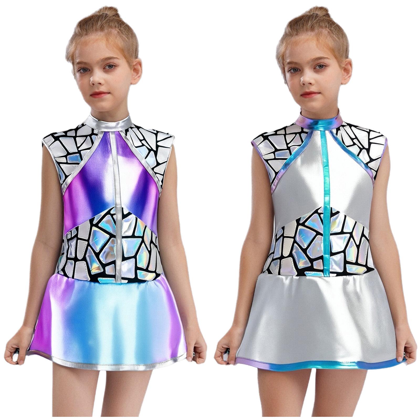 

Girls Alien Costume Metallic Shiny Sleeveless Back Zip Sequins Dress Outer Space Cosplay Halloween Party 5-6 Years синій