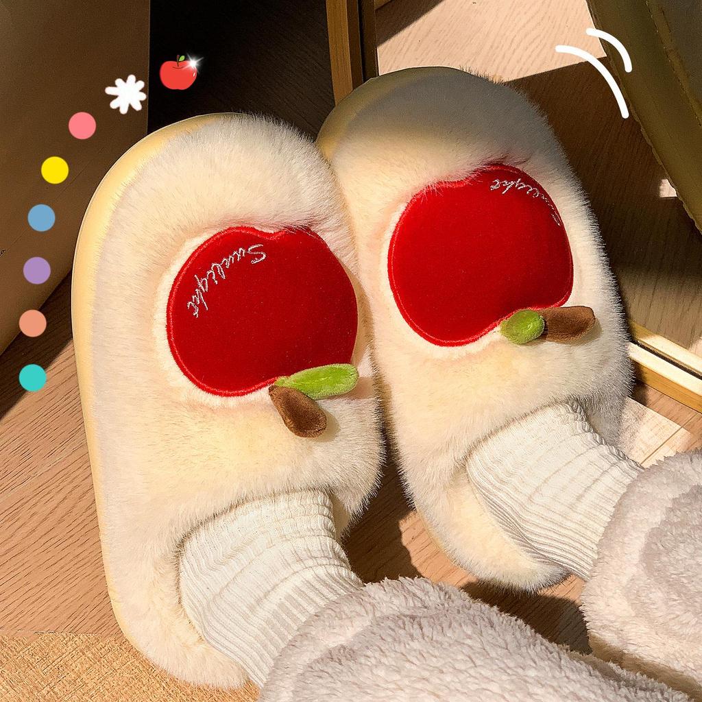 Women's Winter Plush Cotton Slippers - Cute Fruit Design, Cozy Velvet, Thick Sole, Couple-Friendly