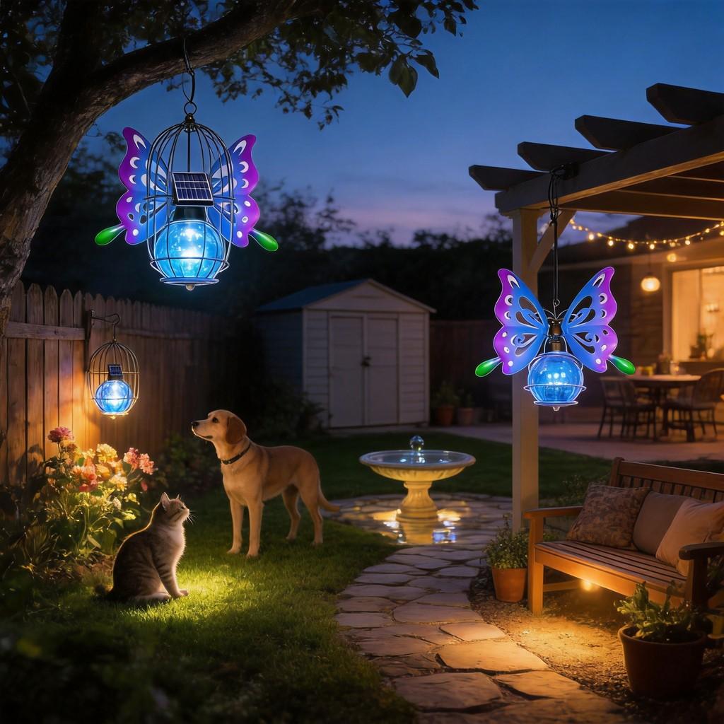 Garden Solar Lantern With Iron Bee And Butterfly Decor For Outdoor Yard Lighting