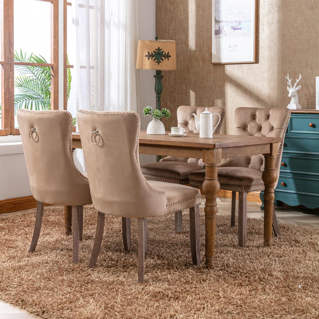 Nikki Collection High-end Tufted Solid Wood Contemporary Velvet Upholstered Dining Chair with Wood Legs Nailhead Trim 2-Pcs Set, Khaki, DE2001KK