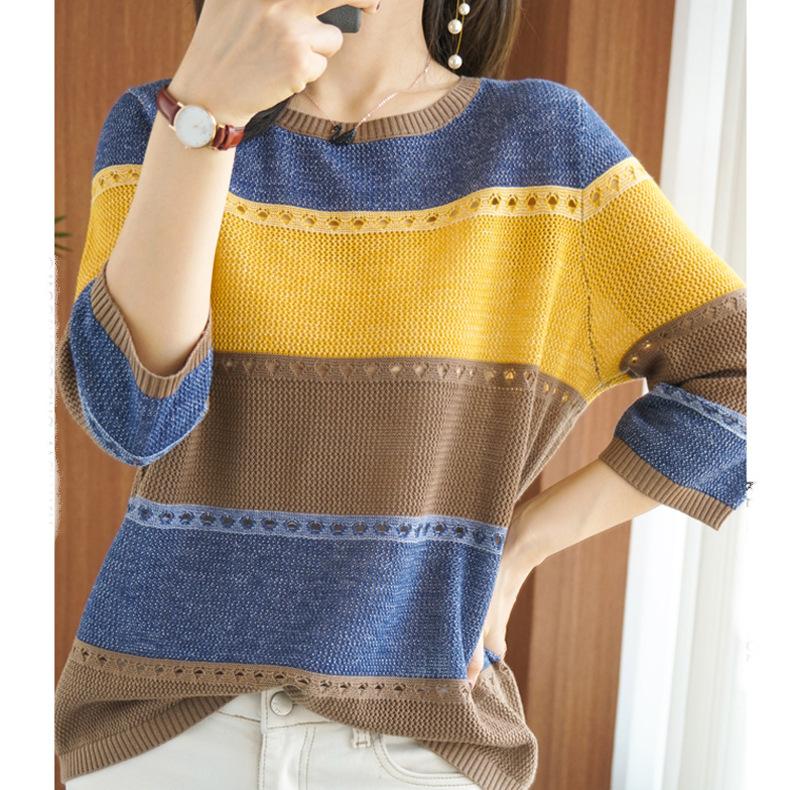 

Больше. Свитер, новый пуловер с круглым вырезом, вязаный свитер, женский корейский вариант, свободный тонкий полый женский халат с семиминутными рукавами One Size