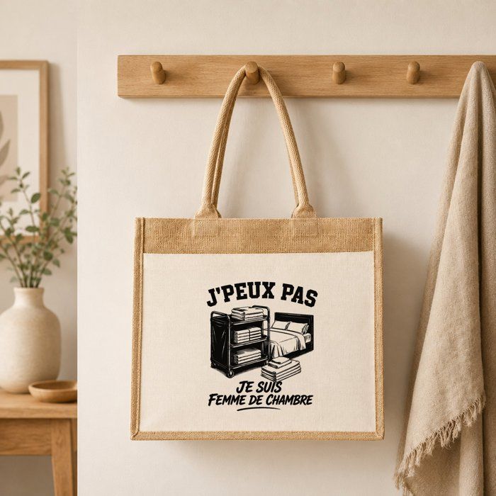 Sac Cabas Jute avec Poche J’peux pas je suis Femme de chambre J'peux pas minimaliste | Toile de Jute et Coton 21 L Fond Plat Anses