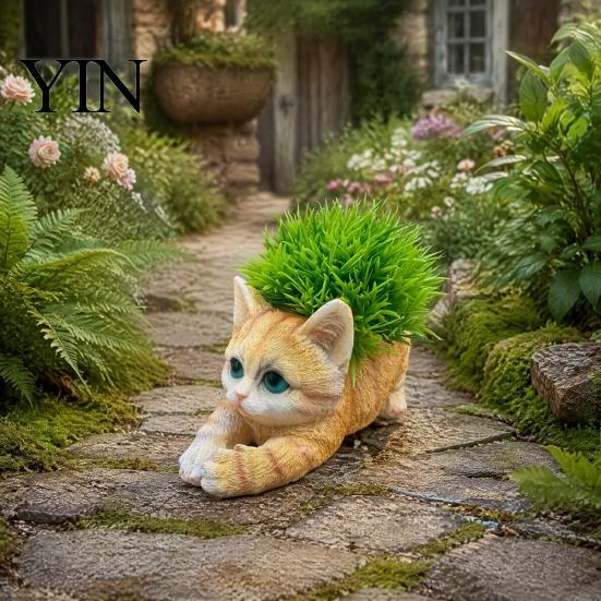 Decorative Cat Ornament Creative Resin Planter, Cute Lying Flower Pot for Garden Animal Yard, Adorable Plant Holder, Indoor Outdoor Home Desk