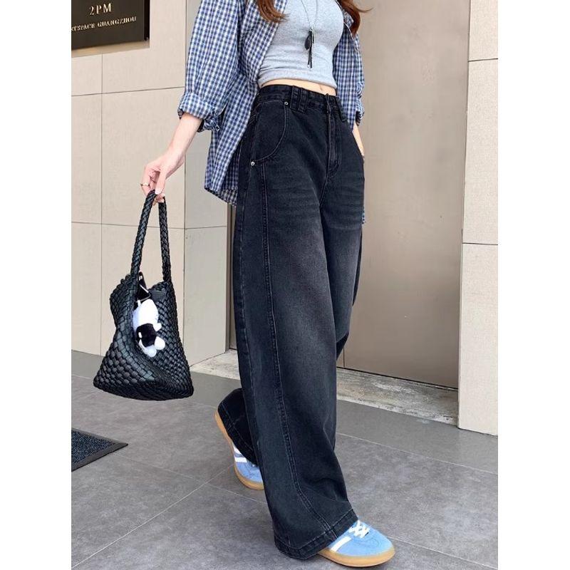Kumikumi Retro Washed Distressed Black Drape Jeans Women Clothes Autumn All-Match Loose Wide-Leg Pants Trousers
