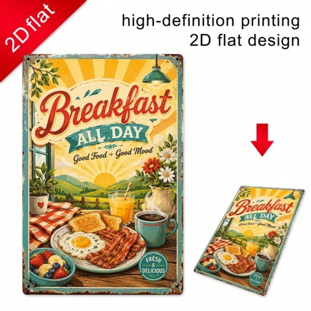 Vintage Breakfast Tin Sign, 11.8x7.9in, Good Food Good Mood Metal Plaque, Bacon Egg Toast Cafe Wall Art
