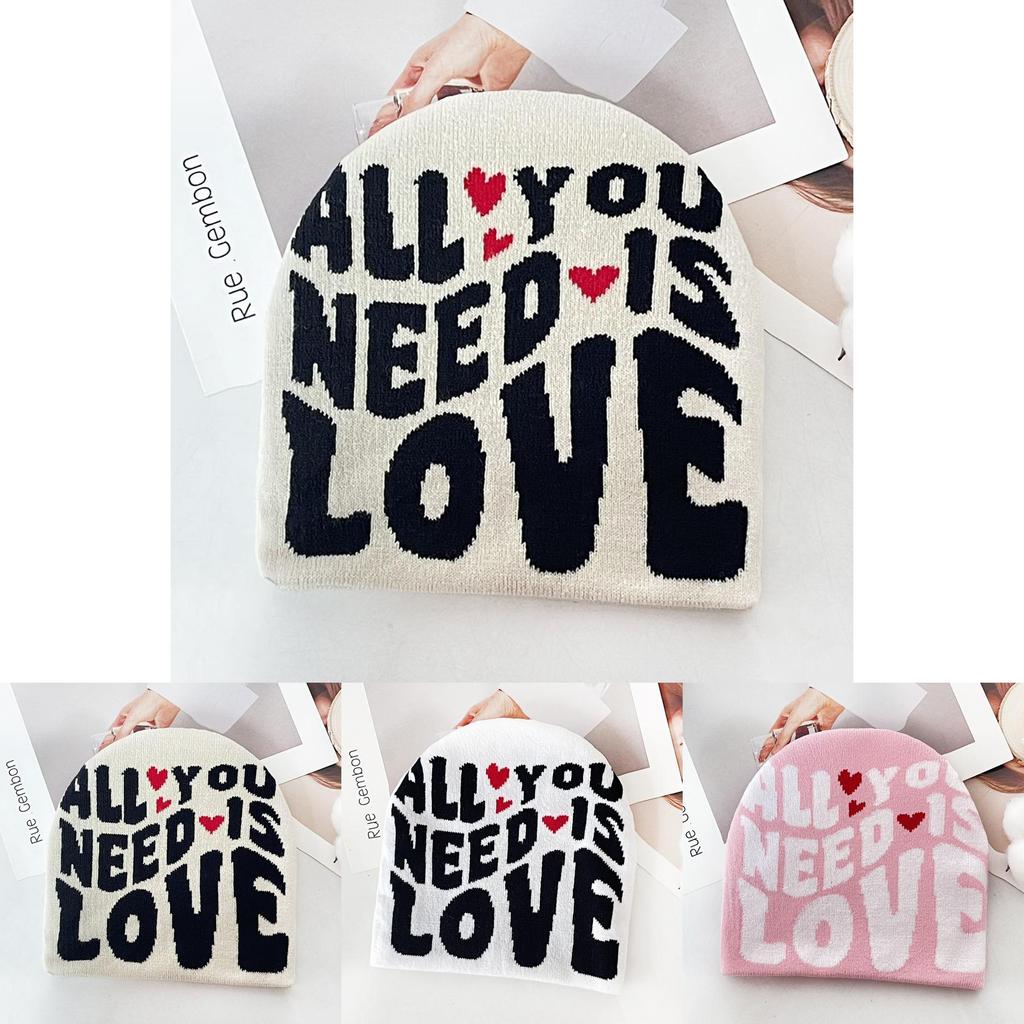 Simple Color Blocked Letter Heart Pattern Women Casual Warm Knitted Hat For Autumn Casual Wear