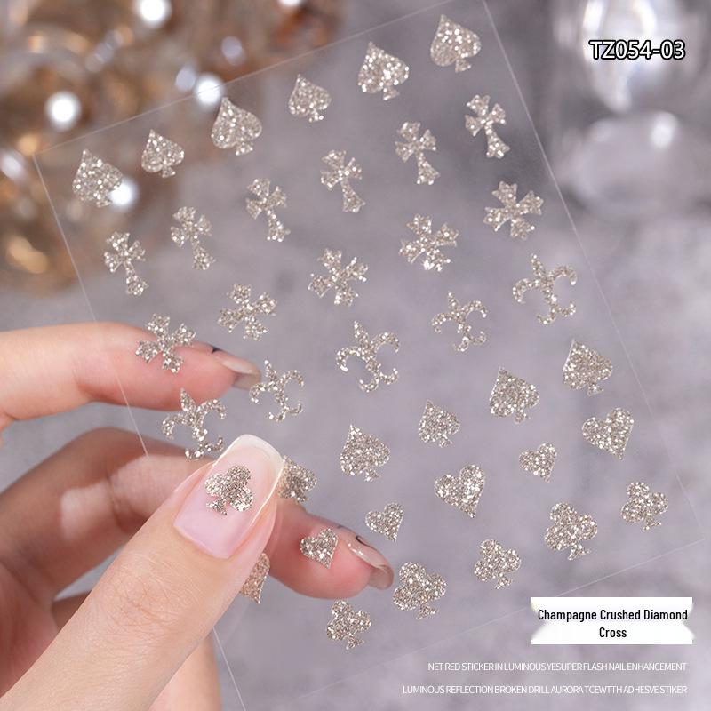 

Шампань Переливающийся Дробленый Бриллиант Хромированные Наклейки для Ногтей Chrome Hearts: Дизайны с бабочкой, розой, кроликом и снежинкой