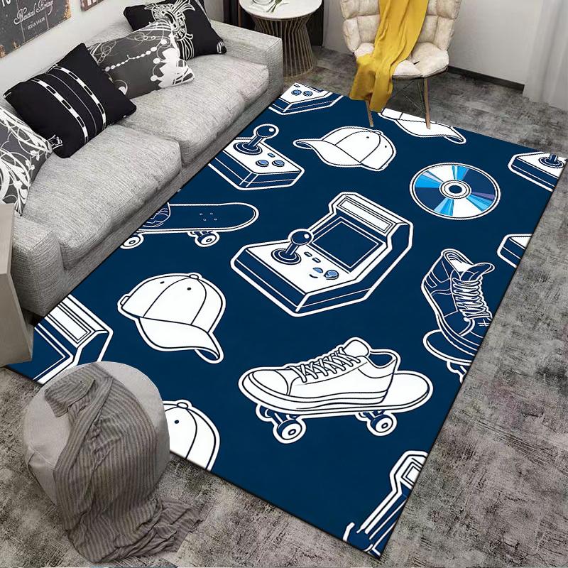 Vintage Game Console Carpet with Skateboard, Hat, and Sneaker Design Suitable for Use As an Anti-slip for Living Room Bedroom Sofas