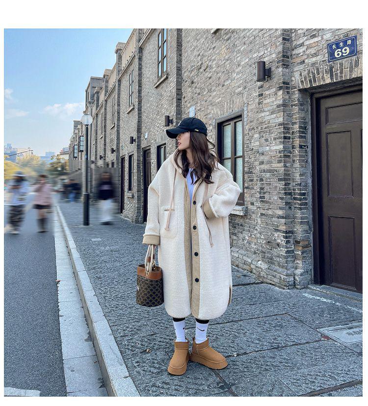 Beige Hooded Lambswool Mid-Length Coat - Thickened Korean Style, Loose Fit, Autumn/Winter Plush Jacket