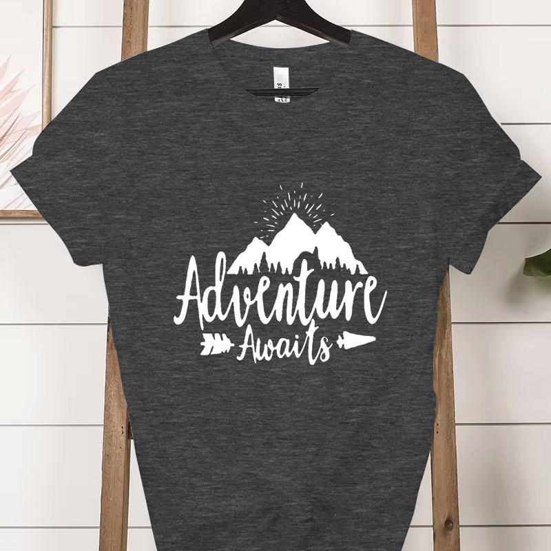 Adventure Awaits Crew Neck Short Sleeve Tshirt Women Mountain Outdoors Hiking Classic Tops Funny Camping Gifts Casual Tshirts