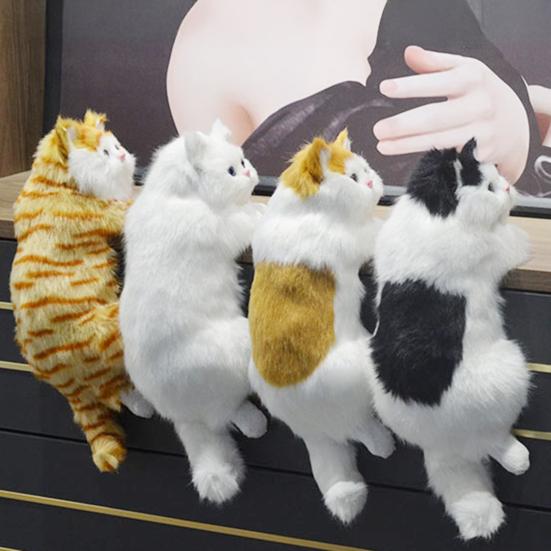Simulation Furry Cat Ornament Plush Animal Figurine Realistic Fluffy Kitten Model Hanging Cat Decoration for Home TV Stand Shelf Decor