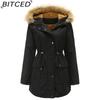 BITCED Fleece-Lined Cotton Coat with Hood and Fur Collar Winter Warmth Outerwear Plus Size Women's Cotton Jacket