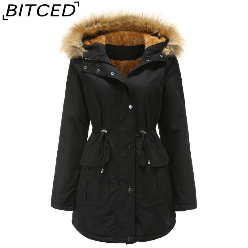 BITCED Fleece-Lined Cotton Coat with Hood and Fur Collar Winter Warmth Outerwear Plus Size Women's Cotton Jacket