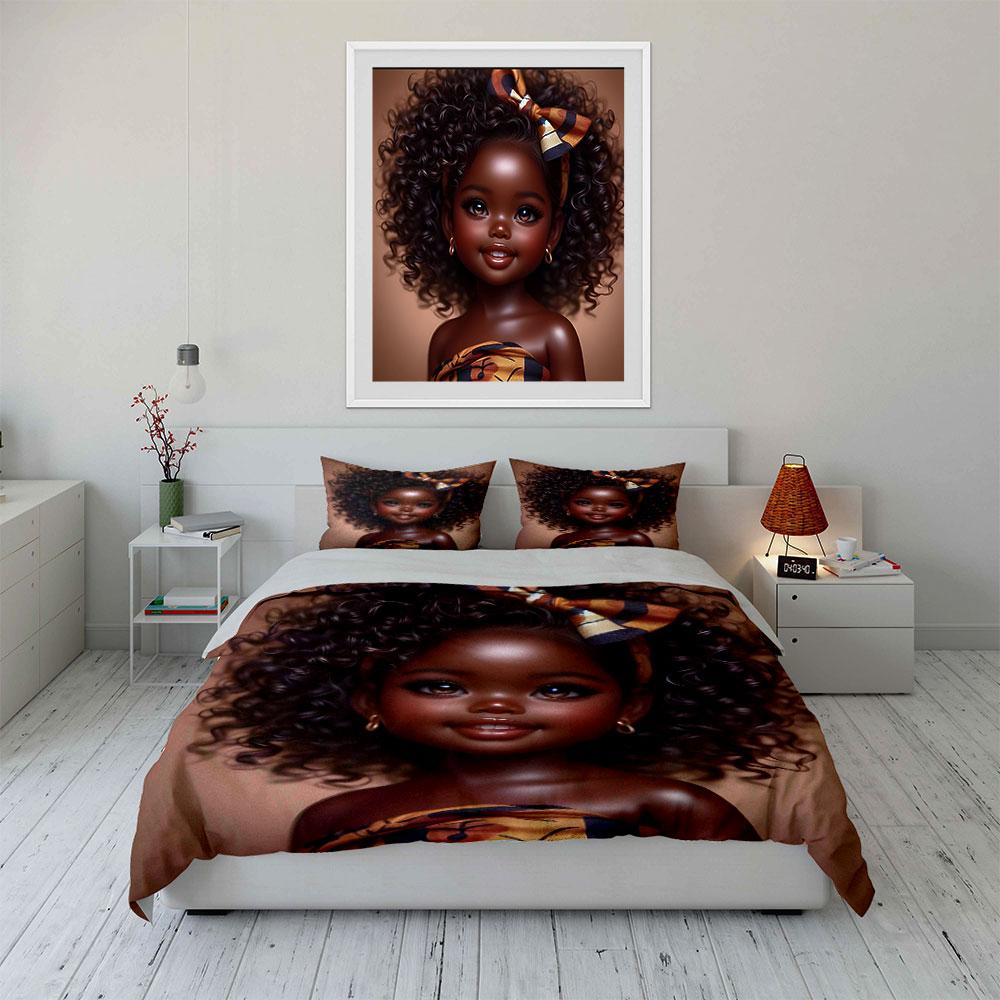 Curly Black Girl Portrait Duvet Cover Set African Art Warm Tone Bedding with 1 Duvet Cover 2 Pillowcases Single Double Gift