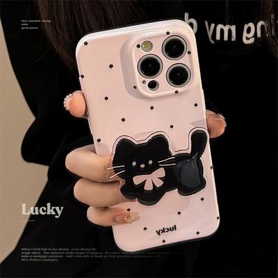 Korean Ins Wave Point Cat Stand for IPhone 16 Phone Case for Apple 15Pro Max Film 13 Soft 17