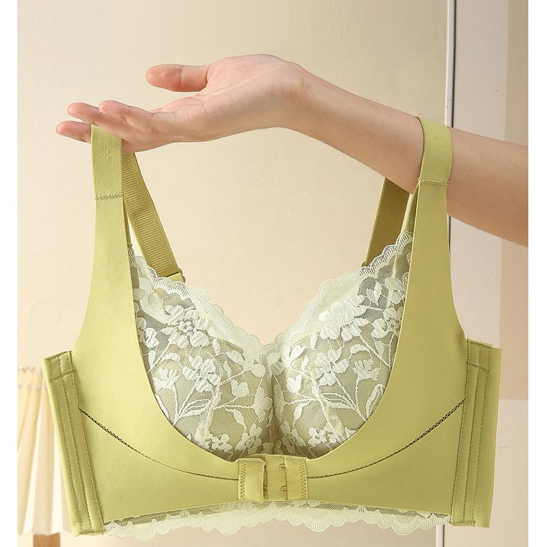 Women Sexy Two Tone Lace Brassiere Gathered Push Up Underwear Wireless Adjustment Front Buckle Bra Comfortable Lingerie
