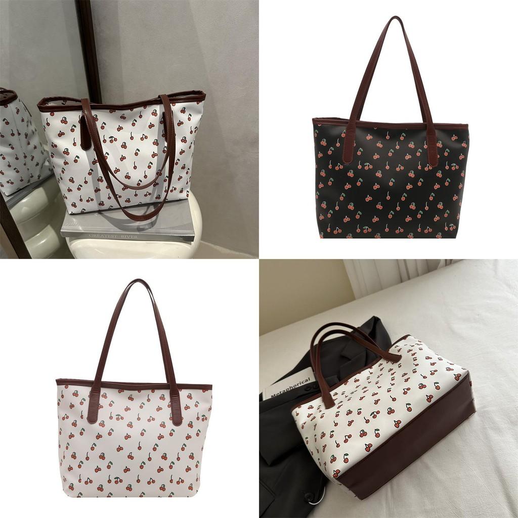Fashion Large Capacity Pu Tote Bag For Women With Cherry Print Design Zipper Closure For Daily Use