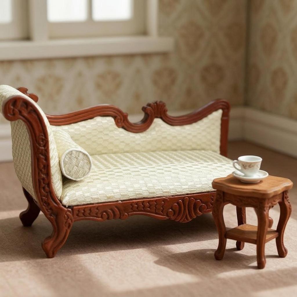 Miniature Chaise Longue 1:12 Scale Upholstered Couch with Pillow for