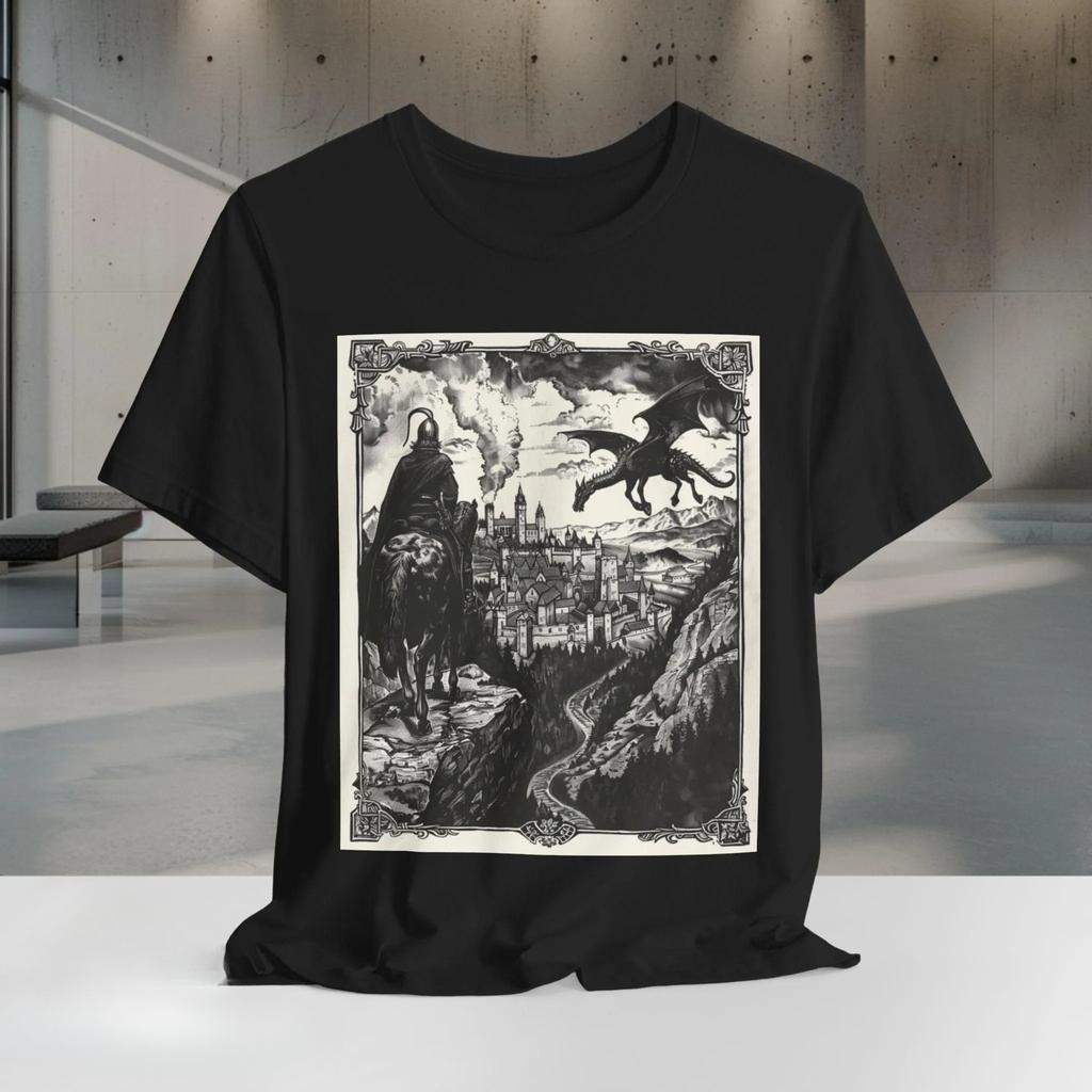 Medieval Knight and Dragon Shirt Fantasy Castle Battle Scene Tee Dark Fantasy Bella Canvas Men Clothing