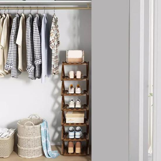 Mehrstöckiges schuhfreies Schuhregal, faltbar, schmal, Bambus-Schuhregal, platzsparend, Eck-Schuhorganizer für Eingangsbereich, Schrank, Wohnheim