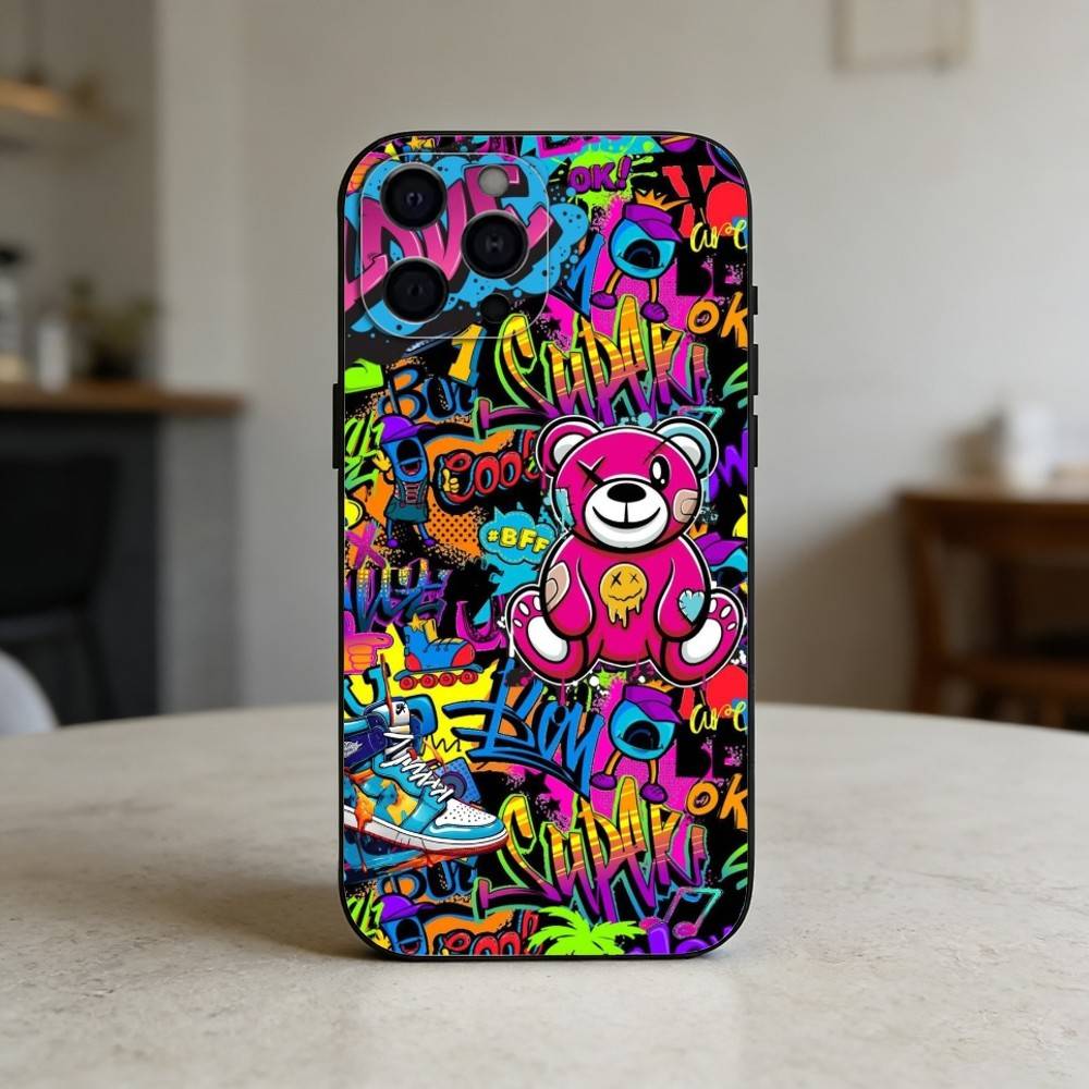 Cool C-Barevný Graffiti Kryt na Telefon Pro iPhone 17,16,15,14,13,12,11 Plus,Pro,Max,Mini Silikonový černý Měkký Kryt