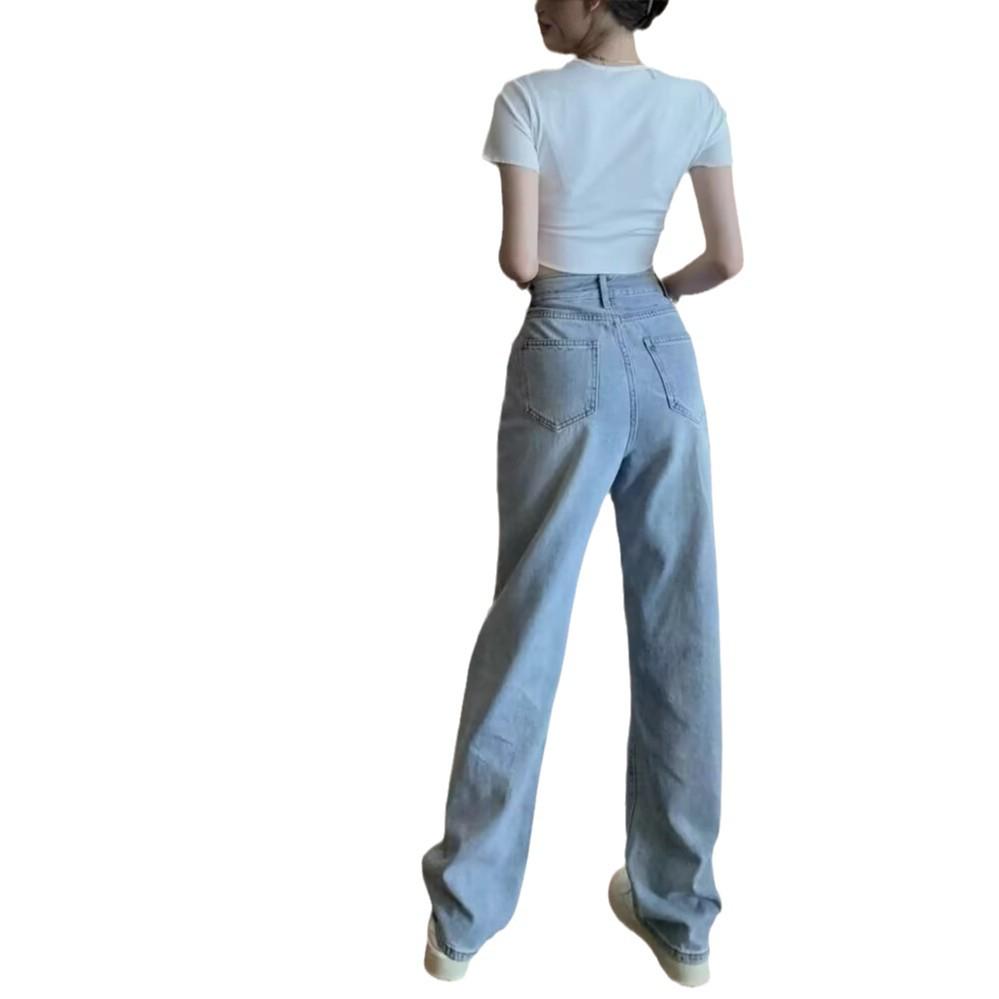 Autumn Trend Women's Retro Washed Blue High-Waist Wide-Leg Jeans - Floor-Length Slimming Trousers