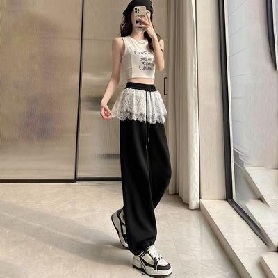 Ballet Style Lace Patchwork Wide Leg Pants for Women Spring/Summer High Waist Drawstring Straight Casual Athletic Sweatpants Long Pants