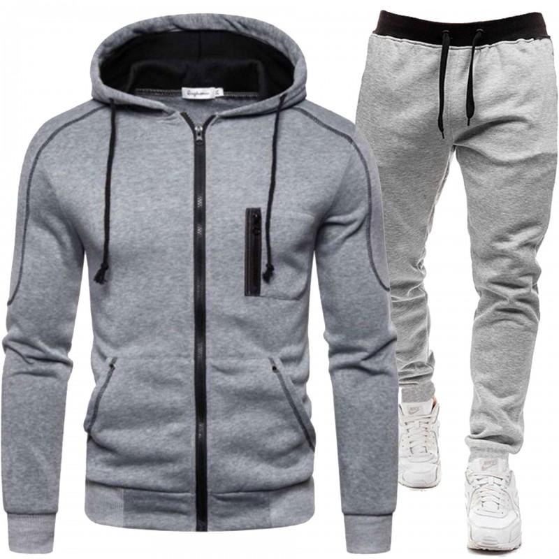 Mens Hooded Sweatshirt Set Casual Two-Piece Outfit Loose Fit Fleece-Lined Winter Sportswear