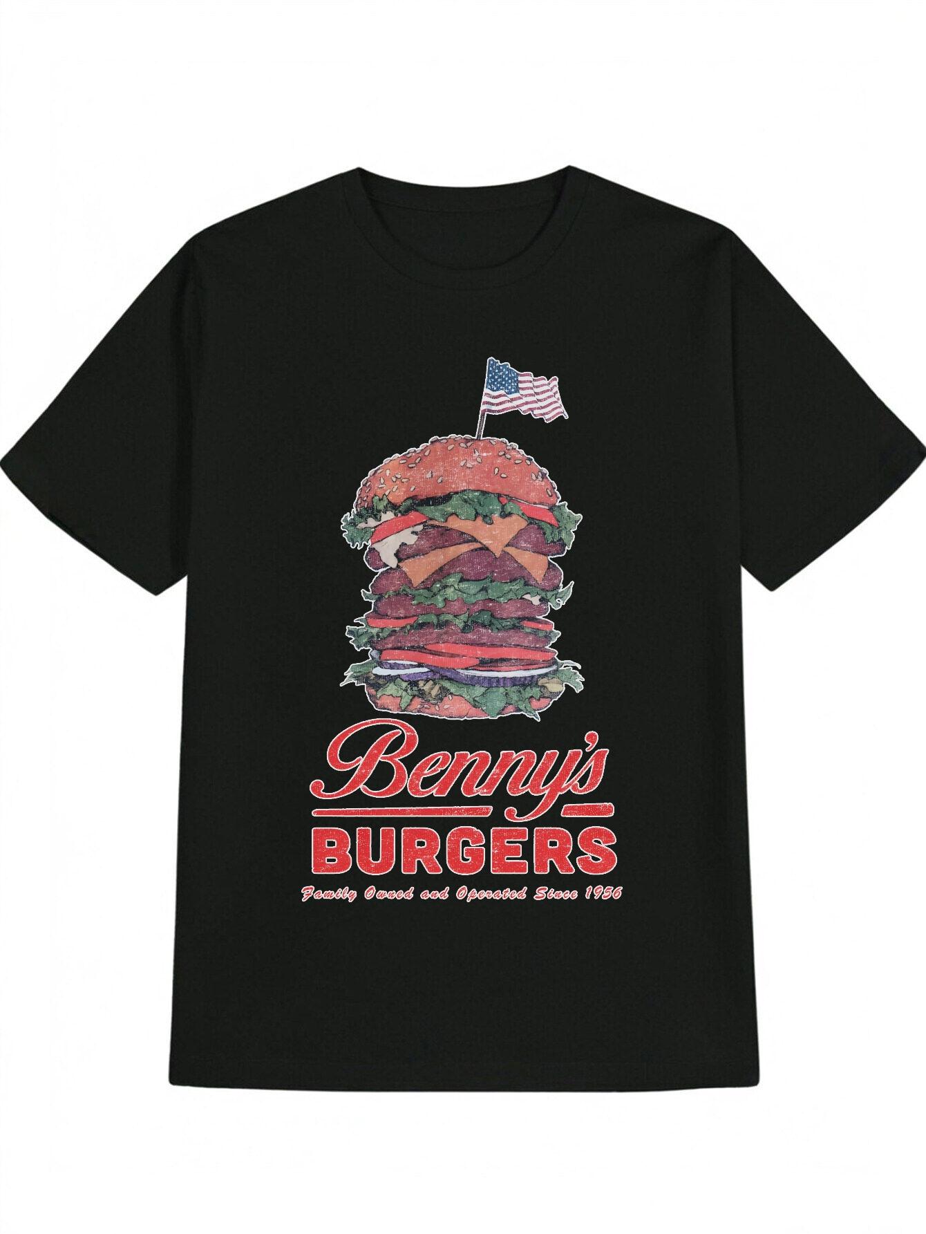 Casual Graphic T-shirt - Black with Patriotic American Flag & Giant Burger Print M
