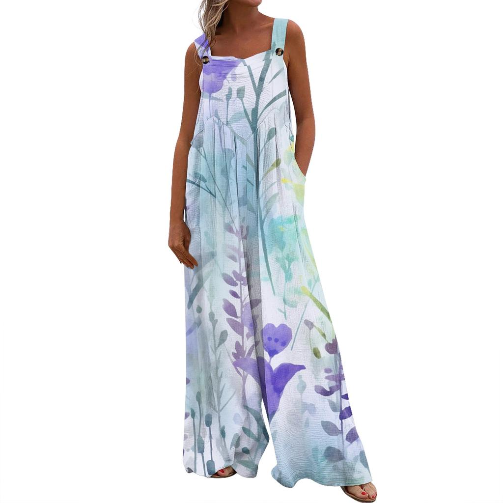 Women's Fashion Casual Loose With Pockets  Sleeveless Printed Jumpsuit