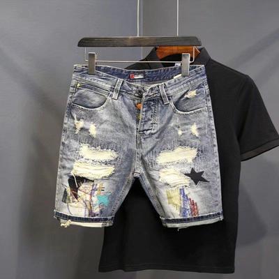 Men's Trendy Distressed Denim Shorts with Patches - Light-Colored, Summer Style 5-Point Pants