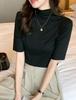 Women's Mock Neck Elbow Sleeve Solid Color Slim Fit Knit Top Korean Style Elegant Commuter Layering Shirt Multi Colors Optional