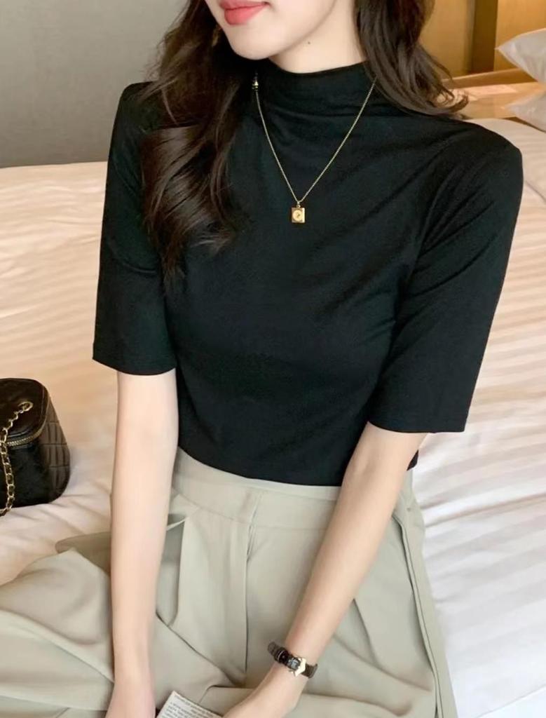 Women's Mock Neck Elbow Sleeve Solid Color Slim Fit Knit Top Korean Style Elegant Commuter Layering Shirt Multi Colors Optional
