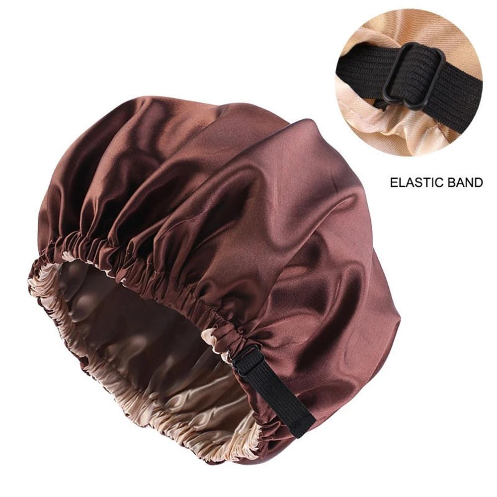 Silk Satin Hair Cap For Sleeping Women Invisible Round Headwear Adjusting Button Night