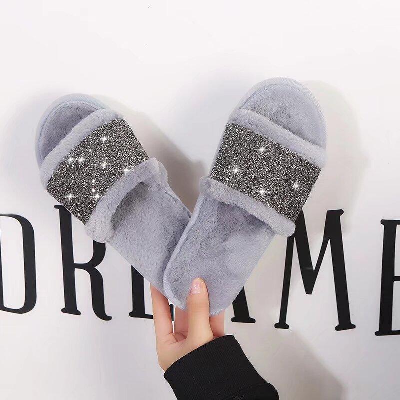 Fashion Luxury Glitter Strap Faux Fur Slippers Women 2025 Winter Round Toe Soft Thick Bottom Cotton Slides Fashion Short Plush Slippers