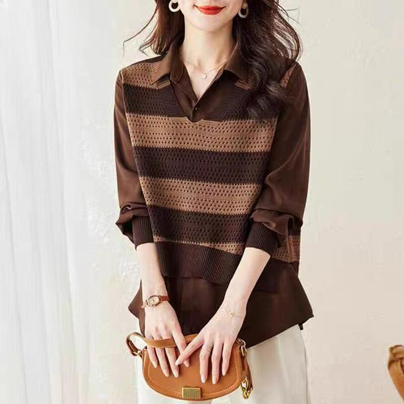 Stitching Shirts, Fake Two-piece Sweaters, Women's Western Style, Age-reducing Outer Wear, Fashion Striped Knitwear, Women